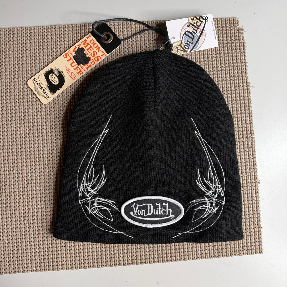 Von Dutch Black Knit Beanie Hat Embroidered Logo VDCB0010 NWT